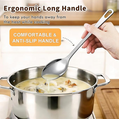 2 Pcs Stainless Steel Cooking Spoons Set, Solid & Slotted Metal Serving Spoons, Heavy Duty Sturdy Large Soup Ladle, High Heat Resistant Kitchen Cooking Utensils for Mixing, Stirring, Easy to Clean - Image 4