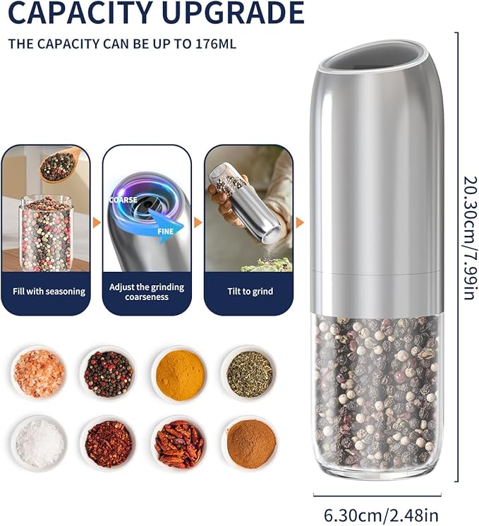 CIRCLE JOY Gravity Electric Salt and Pepper Grinder Set, Battery Powered Automatic Pepper Mills with Adjustable Coarseness, One Hand Operation, 176ml Large Container, Silver - Includes 8 Batteries - Image 3