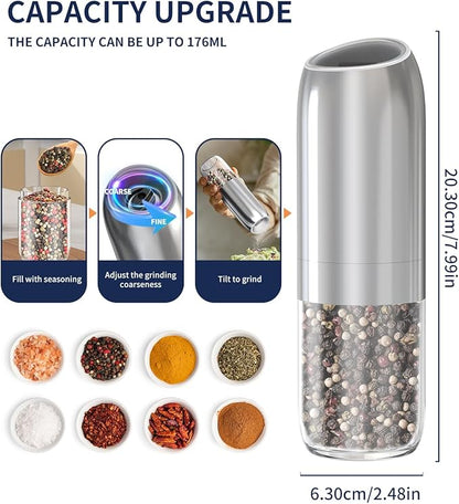 CIRCLE JOY Gravity Electric Salt and Pepper Grinder Set, Battery Powered Automatic Pepper Mills with Adjustable Coarseness, One Hand Operation, 176ml Large Container, Silver - Includes 8 Batteries - Image 3