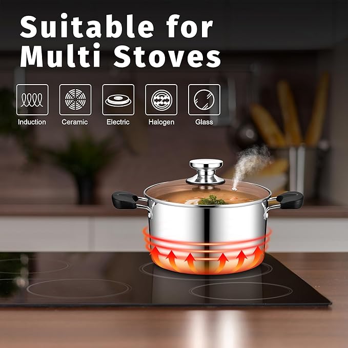 5 Quart 3-Ply Cooking Stock Pot with Lid, P&P CHEF Stainless Steel Large Pot for Pasta Soup, Work on Multi Stove, Heavy Duty & Dishwasher Safe, Dual Heat-resistant Handles & Brown Glass Lid - Image 7