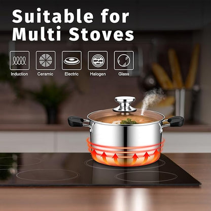 5 Quart 3-Ply Cooking Stock Pot with Lid, P&P CHEF Stainless Steel Large Pot for Pasta Soup, Work on Multi Stove, Heavy Duty & Dishwasher Safe, Dual Heat-resistant Handles & Brown Glass Lid - Image 7