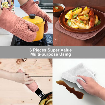 KEGOUU Oven Mitts and Pot Holders 6pcs Set, Kitchen Oven Glove High Heat Resistant 500 Degree Extra Long Oven Mitts and Potholder with Non-Slip Silicone Surface for Cooking (Pink) - Image 7