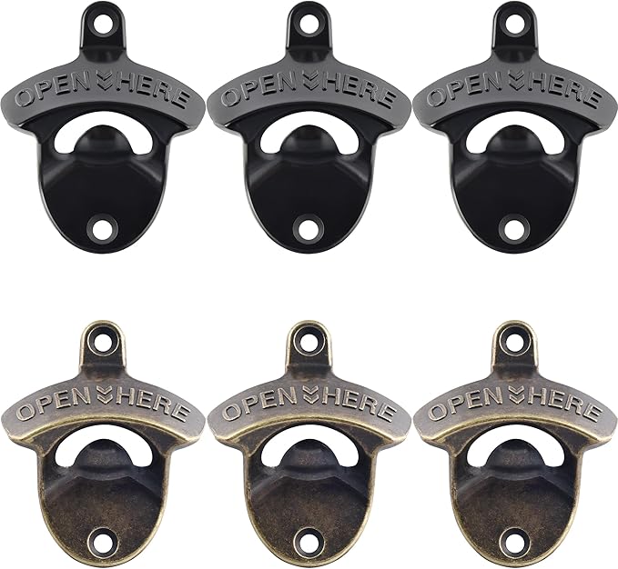 Old Time Wall Mount Bottle Opener, Vintage Metal Screw on Bottle Cap Opener Black and Antique Bronze (6 PCS)