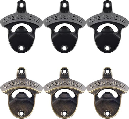 Old Time Wall Mount Bottle Opener, Vintage Metal Screw on Bottle Cap Opener Black and Antique Bronze (6 PCS)
