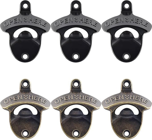 Old Time Wall Mount Bottle Opener, Vintage Metal Screw on Bottle Cap Opener Black and Antique Bronze (6 PCS)