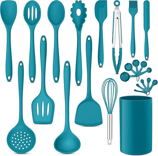 E-far Silicone Cooking Utensils Set, 24Pcs Heat Resistant Kitchen Utensil with Holder, Silicone Kitchen Tools with Spatula Turner Spoon Tongs Whisk, Non-Toxic & Dishwasher Safe (Blue) by E-far