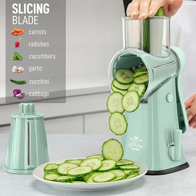 Zulay Kitchen Rotary Cheese Grater 5 Blade Cheese Shredder - Manual Hand Crank Cheese Grater With Reinforced Suction & 5 Interchangeable Drums - Easy to Use, Vegetable Chopper Round Mandoline Slicer - Image 5