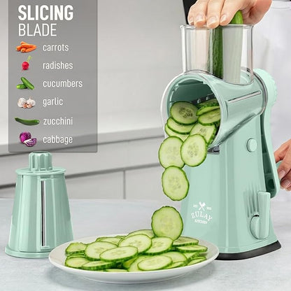 Zulay Kitchen Rotary Cheese Grater 5 Blade Cheese Shredder - Manual Hand Crank Cheese Grater With Reinforced Suction & 5 Interchangeable Drums - Easy to Use, Vegetable Chopper Round Mandoline Slicer - Image 5