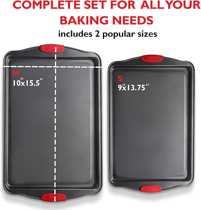 Baking Sheet Set, 2-Piece Cookie Sheet Set with Silicone Handles, Steel Baking Pan, Durable Baking Sheets for Oven, BPA Free Cookie Sheets for Baking Nonstick Set, Premium Sheet Pan, Black Baking Tray - Image 2