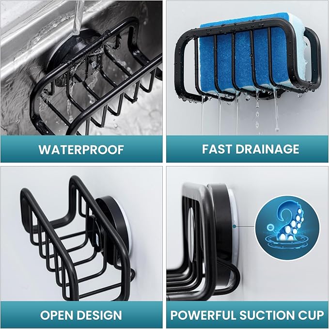TAILI Sponge Holder for Kitchen Sink with Strong Suction Cup, Removable Sponge Holder, Rustproof Aluminum Sink Caddy for Sponges, Dish Brush - Black - Image 5