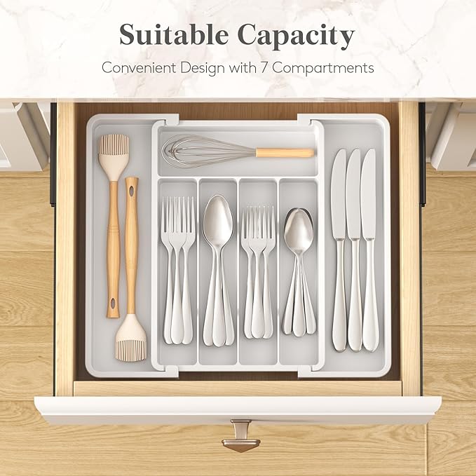 Lifewit Silverware Drawer Organizer, Expandable Utensil Tray for Kitchen, BPA Free Flatware and Cutlery Holder, Adjustable Plastic Storage for Spoons Forks Knives, 8.5-14 x 12", White - Image 3