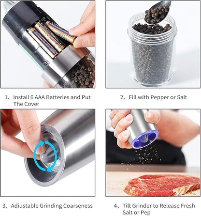 Gravity Electric Pepper and Salt Grinder Set, Adjustable Coarseness, Automatic Shakers Mill Grinder with LED Light, Battery Powered, Upgraded Larger Capacity, One Hand Operated (Sliver 2 Pack)