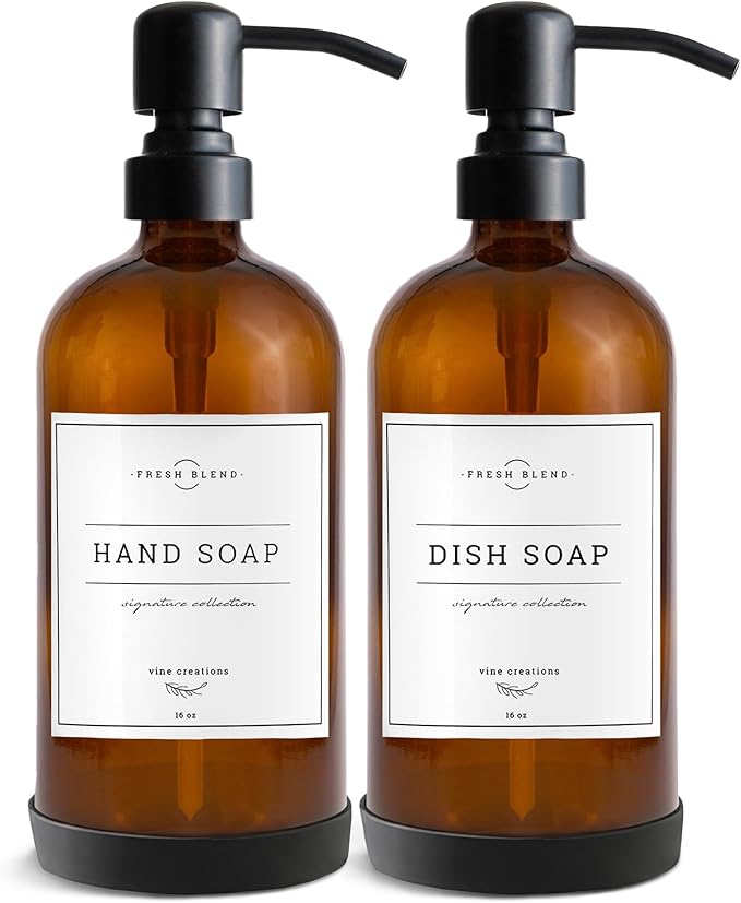 Vine Creations Amber Glass Soap Dispenser, 2 Pack Kitchen Soap Dispenser Set with Stainless Steel Pump, 16 oz Dish Soap and Hand Soap Dispensers for Bathroom with Waterproof Labels by VineCreations