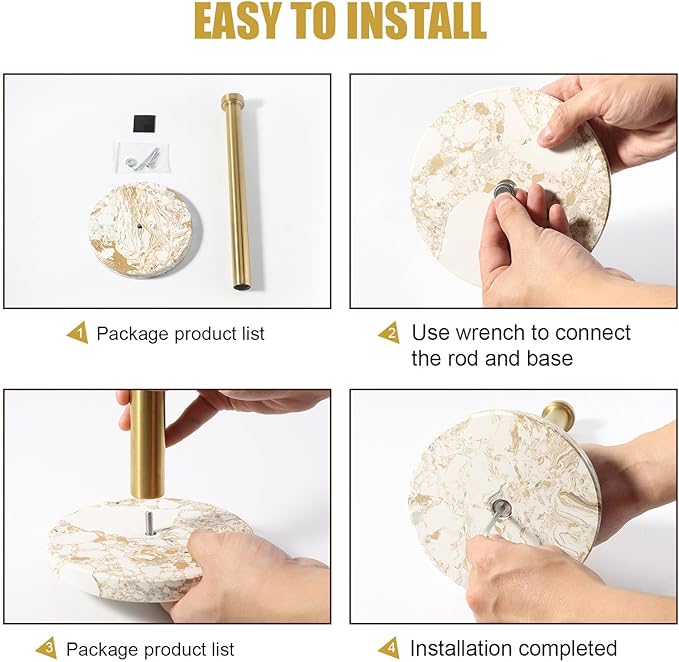 Koville Paper Towel Holder Countertop, Standing Paper Roll Holder with 6" Weighted Marble Base, Stone Paper Towel Holder with Gold Stainless Steel Rod for Kitchen Bathroom((Arabescato Doro)