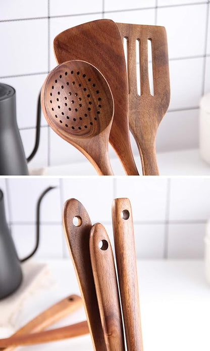 6Pcs Wooden Spoons for Cooking, Wood Kitchen Utensil Set with Holder, Natural Acacia Wood, Heat Resistant, Non-Stick, Wooden Cooking Utensils Set for Mom, Wife Cooking Gifts