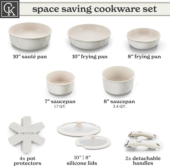 Country Kitchen Cookware Set with Removable Handle, Oven & RV Safe Pots and Pans Set, Cream Rhombus, Original - Image 3
