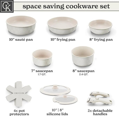 Country Kitchen Cookware Set with Removable Handle, Oven & RV Safe Pots and Pans Set, Cream Rhombus, Original - Image 3