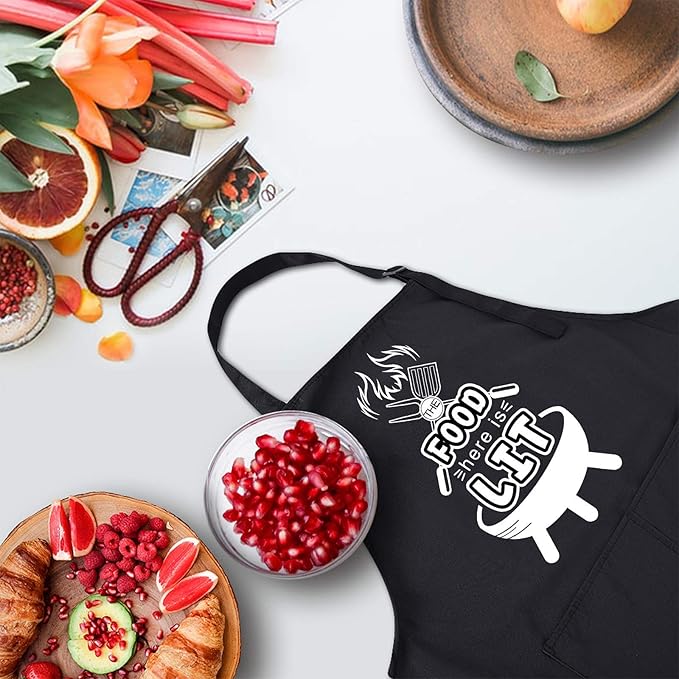 Rosoz Funny BBQ Black Chef Aprons for Men, The Food Here is Lit, Adjustable Kitchen Cooking Aprons with Pocket Waterproof Oil Proof Father’s Day/Birthday