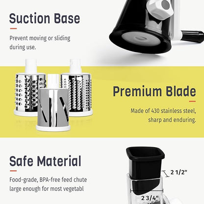 X Home Rotary Cheese Grater for Kitchen, Shredder with 3 Interchangeable Blades, Rotary Grater with Handle and Strong Suction Base, for Vegetables, Fruit, Nuts, Easy to Use and Clean, Black - Image 6