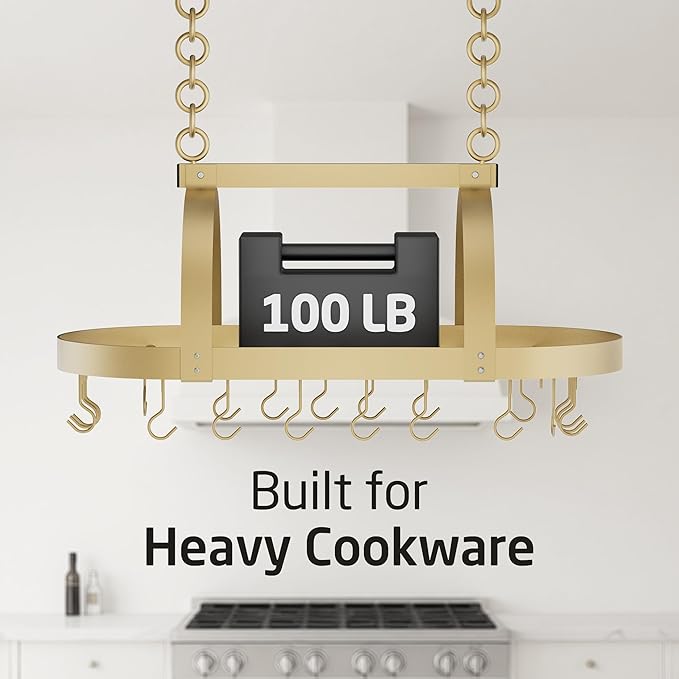KES Gold 34 Inch Hanging Pot Rack, 100 LBS Capacity Heavy Duty Oval Pot and Pan Hanging Rack Ceiling Mount, Pot Pan Hangers Organizer for Kitchen Island with 20 Hooks (For 16" and 24" Joist) - Image 5