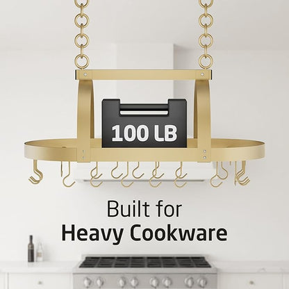 KES Gold 34 Inch Hanging Pot Rack, 100 LBS Capacity Heavy Duty Oval Pot and Pan Hanging Rack Ceiling Mount, Pot Pan Hangers Organizer for Kitchen Island with 20 Hooks (For 16" and 24" Joist) - Image 5