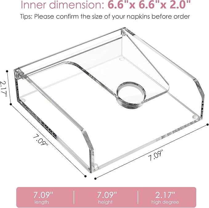 DINGHUO Acrylic Napkin Holder for Table, 7"x7" Clear Luncheon Napkin Holder with Weighted Arm, Flat Kitchen Paper Hand Napkin Dispenser, Suitable for Outdoor & Indoor