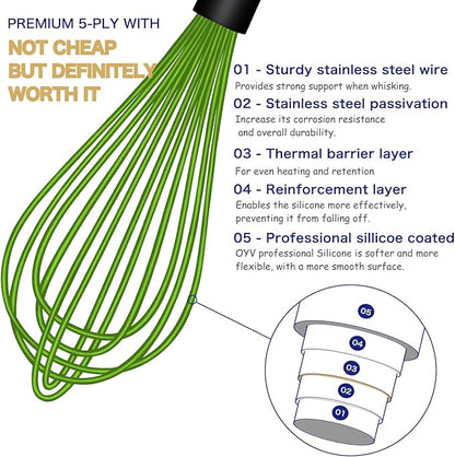 OYV Dishwasher Safe Green Silicone Whisk, Sealed Waterproof Design Set of 3, Professional Kitchen Whisks for Cooking Non-Scratch, Silicone & Stainless Steel Whisk, Heat Resistant Balloon Egg Beater - Image 3
