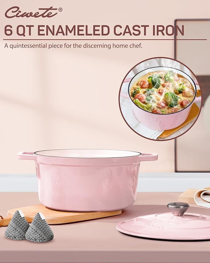 Ciwete 6 QT Dutch Oven Pot with Lid, Enameled Cast Iron Dutch Oven for Bread Making, Braiser, Cooking, Dual Handles, Oven Safe up to 500° F or on Stovetop, Gifts for Family - Pink