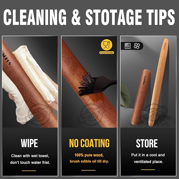 Walfos French Rolling Pin Set - Natural Wooden Rolling Pins (8inch, 15.7inch) With Non-stick Silicone Fiber Pastry Mat, Baking Dough Roller for Pizza, Pie, Pasta, Bread, Pastry - Image 8