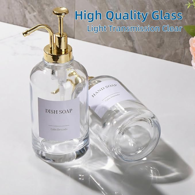 Glass Soap Dispenser with Pump, Dish and Hand Soap Dispenser for Kitchen Bathroom Set, Clear Glass Dispenser Set of 2 Pack with 18 Stickers Funnel Bamboo Tray 500ml 18oz / Each Bottle Gold Pump - Image 8