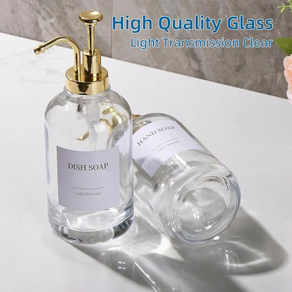 Glass Soap Dispenser with Pump, Dish and Hand Soap Dispenser for Kitchen Bathroom Set, Clear Glass Dispenser Set of 2 Pack with 18 Stickers Funnel Bamboo Tray 500ml 18oz / Each Bottle Gold Pump - Image 8