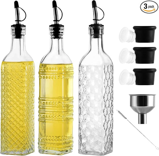 3-Pack Glass Oil Dispensers 500ML/17OZ, Oil and Vinegar Bottles Set with Stainless Steel Pourers, Brush, Funnel, Seal Caps (Square) by Unknown