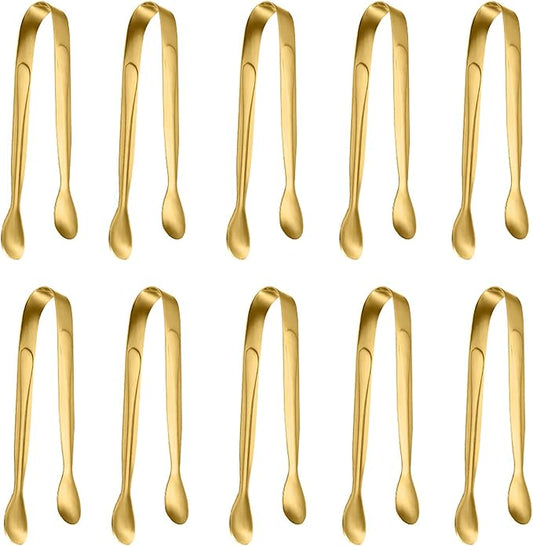 10 Pack Small Ice Tongs Sugar Tongs, Stainless Steel Mini Serving Appetizers Tongs for Party Coffee Tea Wine Bar Kitchen (Golden)