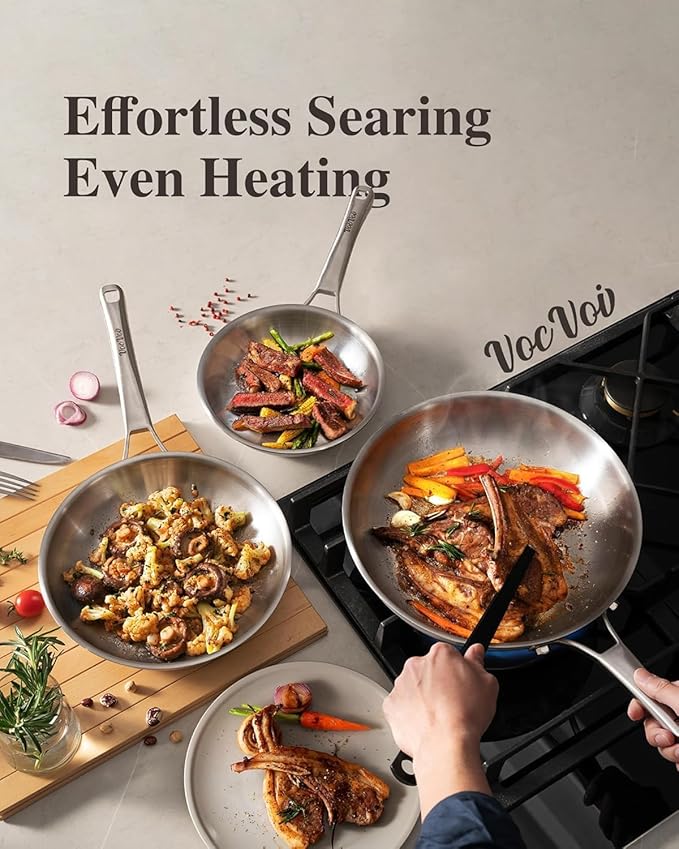 VocVoi Stainless Steel Pan, 12 Inch Frying Pan, PFOA & PTFE Free, Non Toxic Skillet, Dishwasher & Oven Safe, Induction Compatible, Ceramic & Gas Cooktops - Image 4