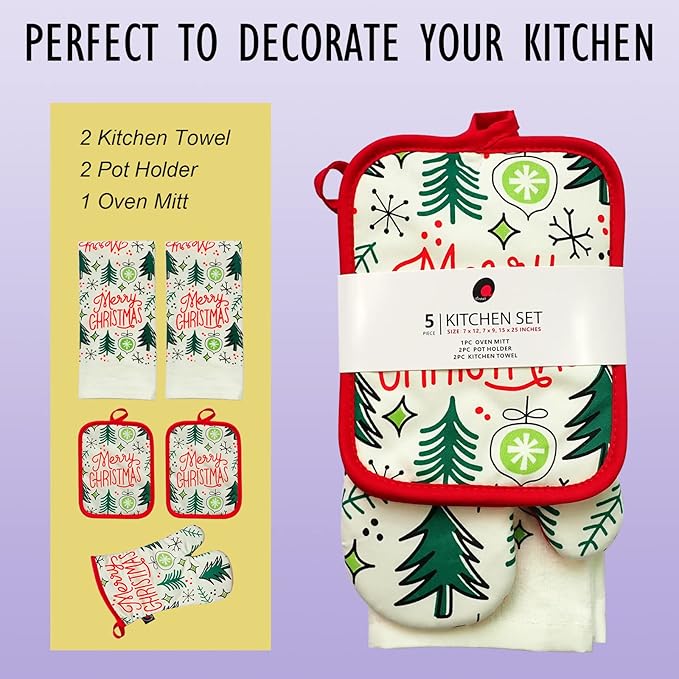 Oven Mitts and Potholders Dish Towles Set 100% Cotton for Perfect for Gifting, Baking and Everyday Cooking Durable Heat Resistant for Kitchen (5-Piece Merry Christmas) - Image 2