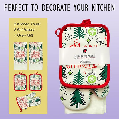 Oven Mitts and Potholders Dish Towles Set 100% Cotton for Perfect for Gifting, Baking and Everyday Cooking Durable Heat Resistant for Kitchen (5-Piece Merry Christmas) - Image 2