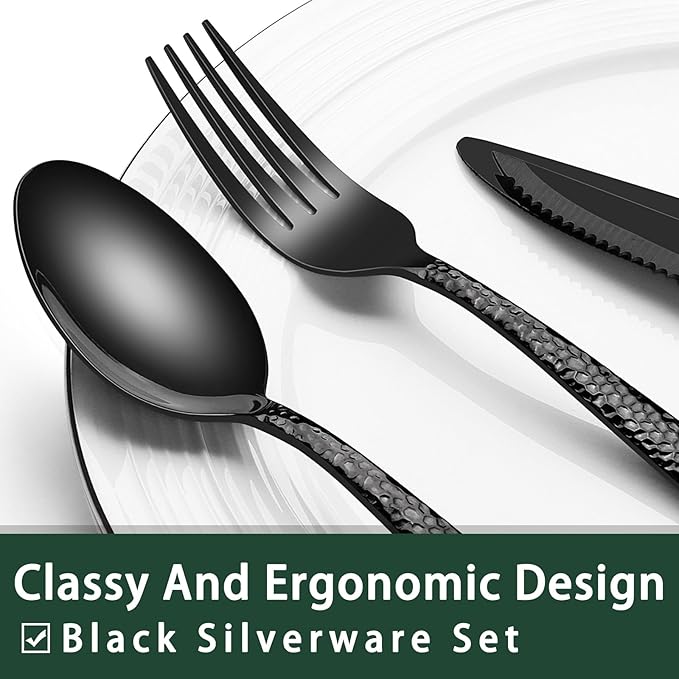 EWFEN 24-Piece Black Silverware Set with Steak Knives, Black Flatware Set for 4, Food-Grade Stainless Steel Tableware Cutlery Set, Mirror Finished Utensil Sets for Home Restaurant, Wave Hammered - Image 3