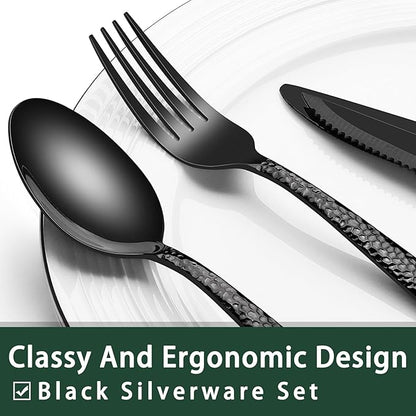 EWFEN 24-Piece Black Silverware Set with Steak Knives, Black Flatware Set for 4, Food-Grade Stainless Steel Tableware Cutlery Set, Mirror Finished Utensil Sets for Home Restaurant, Wave Hammered - Image 3