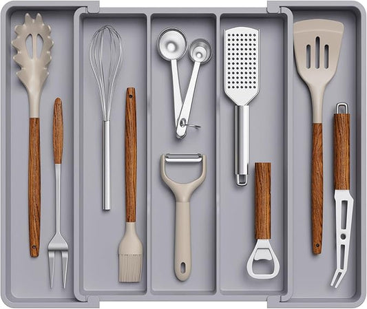 Lifewit Utensil Organizer for Kitchen Drawers, Expandable Cooking Utensil Tray, Adjustable Cutlery Silverware Flatware Holder, Plastic Spatula Tools Storage Divider, 11-18 x 14", Gray by Lifewit