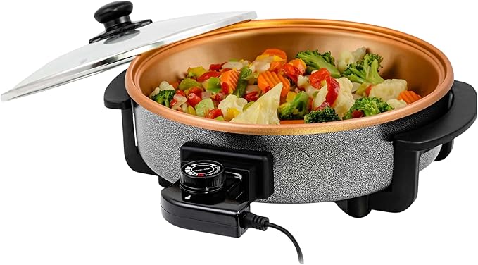 OVENTE 11.5-Inch Electric Skillet & Frying Pan, 1400W Nonstick Cooking Pan with Adjustable Temperature Control, Tempered Glass Lid with Steam Vent, Cool-Touch Handles, Easy-Clean Copper SK11112CO by Ovente+