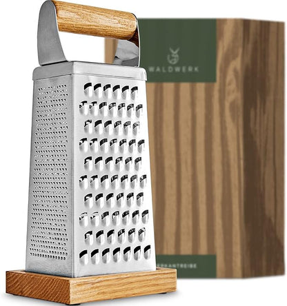 WALDWERK Premium Grater with Etched Stainless Steel Blades - Grater for Kitchen with Oak Wood Base - Box Grater with 4 Sides for Parmesan Cheese, Vegetables, Carrots, or Potatoes - Cheese Grater by WALDWERK