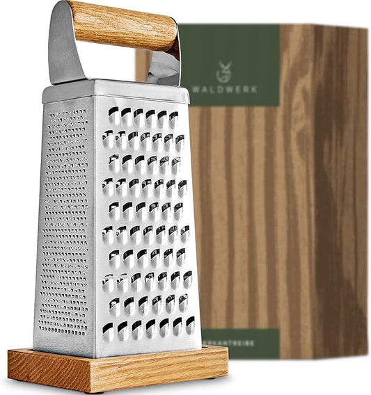 WALDWERK Premium Grater with Etched Stainless Steel Blades - Grater for Kitchen with Oak Wood Base - Box Grater with 4 Sides for Parmesan Cheese, Vegetables, Carrots, or Potatoes - Cheese Grater by WALDWERK