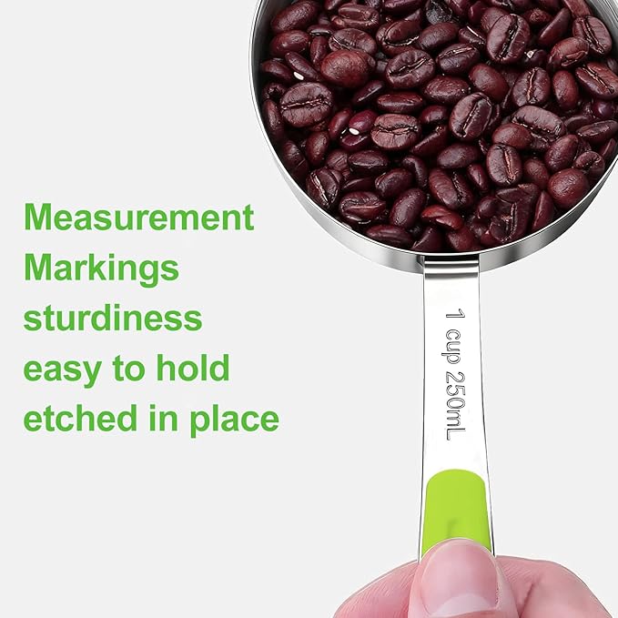 Bopei Measuring Cups and Spoons Set Stainless Steel 10 Piece for Cooking and Baking (5 Cups + 5 Spoons, Green Handle) - Image 4