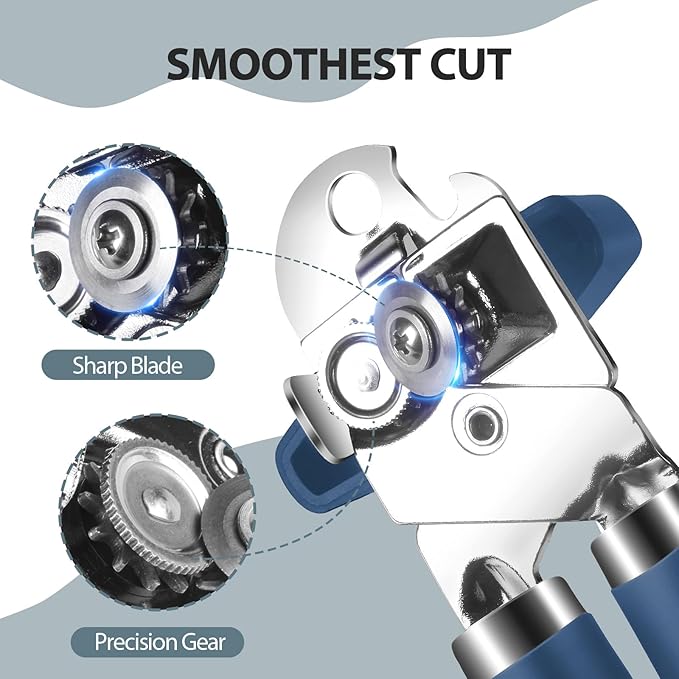 Safring Can Opener Manual, Heavy Duty Handheld Strong Can Opener with Soft Touch Handle, Sharp Blade Smooth Edge, Can Openers with Multifunctional Bottle Opener, Blue - Image 3