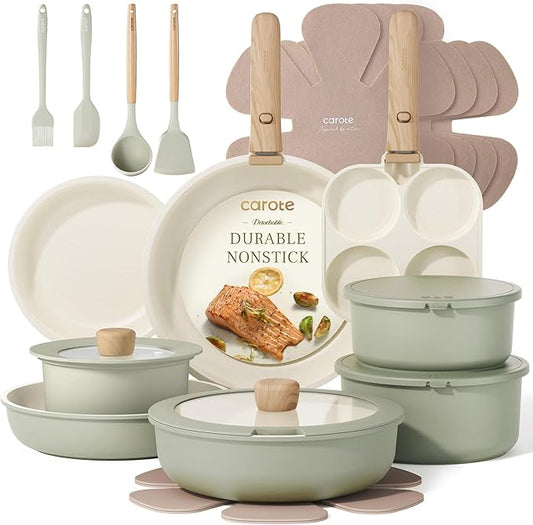 CAROTE 25pcs Pots and Pans Set Non Stick, Cookware Sets, Kitchen Set, Oven/Dishwasher/Fridge Safe, Space Saving Pots Set, Nonstick Set with Versatile Detachable Handle, Induction RV Set, Green by CAROTE