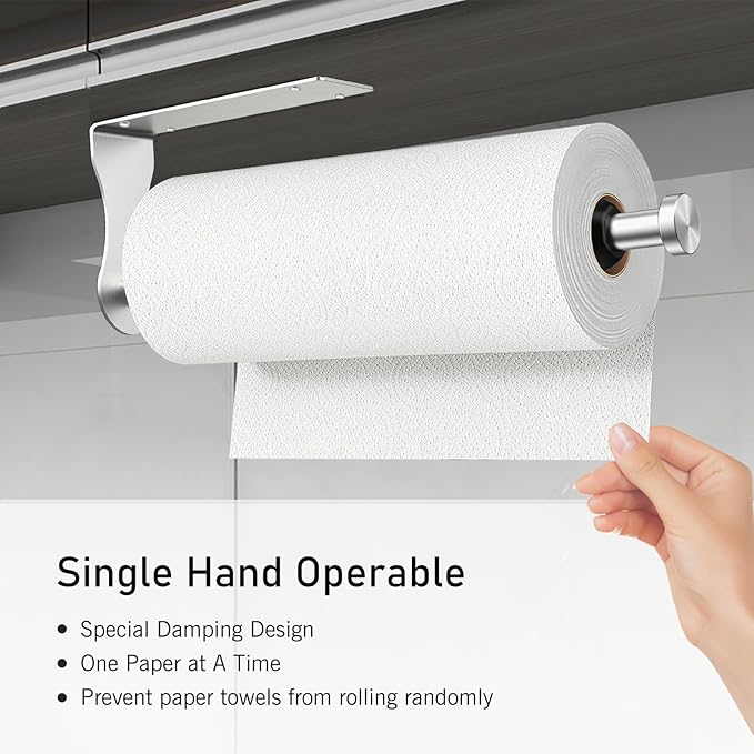 SetSail Paper Towel Holder, 2 Packs Single Hand Operable Paper Towel Holder Under Cabinet with Adjustable Damper Easy Tear Wall Mount Self-Adhesive or Drilled for Kitchen Bathroom, Silver - Image 3