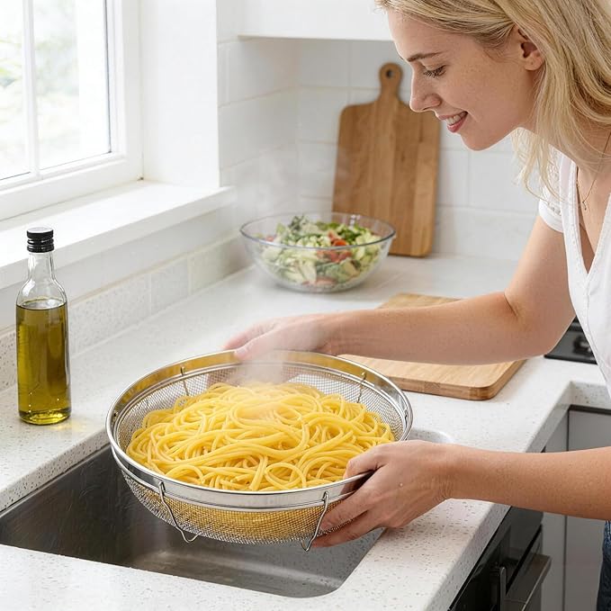 Fine Mesh Strainer for Kitchen, Stainless Steel Colander Bowl for Pasta, Rice, Fruit, Metal Net Baskets with Resting Base - Strain, Drain, Rinse (Diameter 12.2 inch)