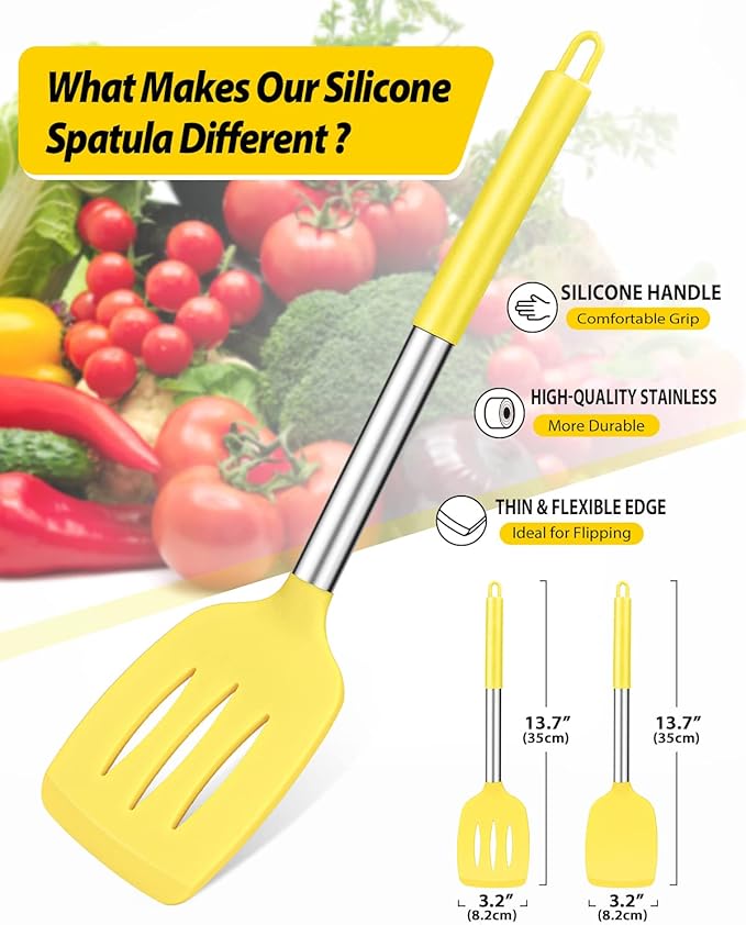 Pack of 2 Silicone Solid Turner, Non Stick Slotted Kitchen Spatulas, High Heat Resistant BPA Free Cooking Utensils, Ideal Cookware for Fish, Eggs, Pancakes(Yellow) - Image 2