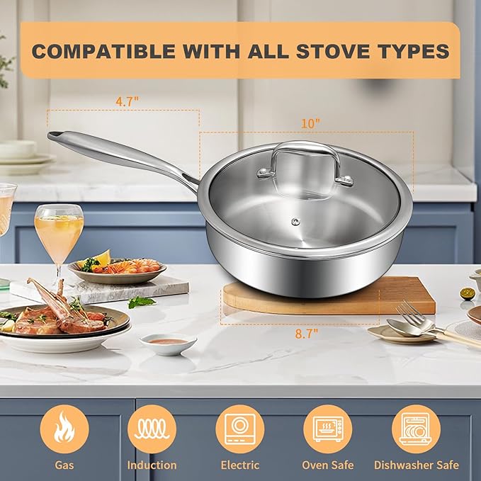 EWFEN Tri-Ply Stainless Steel Frying Pan 3QT, 10 Inch Deep Frying Pan with lids, Skillet, Induction Cooking Pan, Dishwasher and Oven Safe, Fast & Even Heat, Heavy Duty and Detachable Handle - Image 6