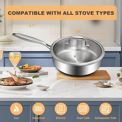 EWFEN Tri-Ply Stainless Steel Frying Pan 3QT, 10 Inch Deep Frying Pan with lids, Skillet, Induction Cooking Pan, Dishwasher and Oven Safe, Fast & Even Heat, Heavy Duty and Detachable Handle - Image 6
